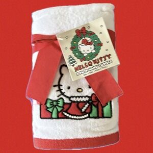 Hello Kitty 2 Pack Kitchen Bath Hand Towels White Red Holiday‎ Gifts Embroidered